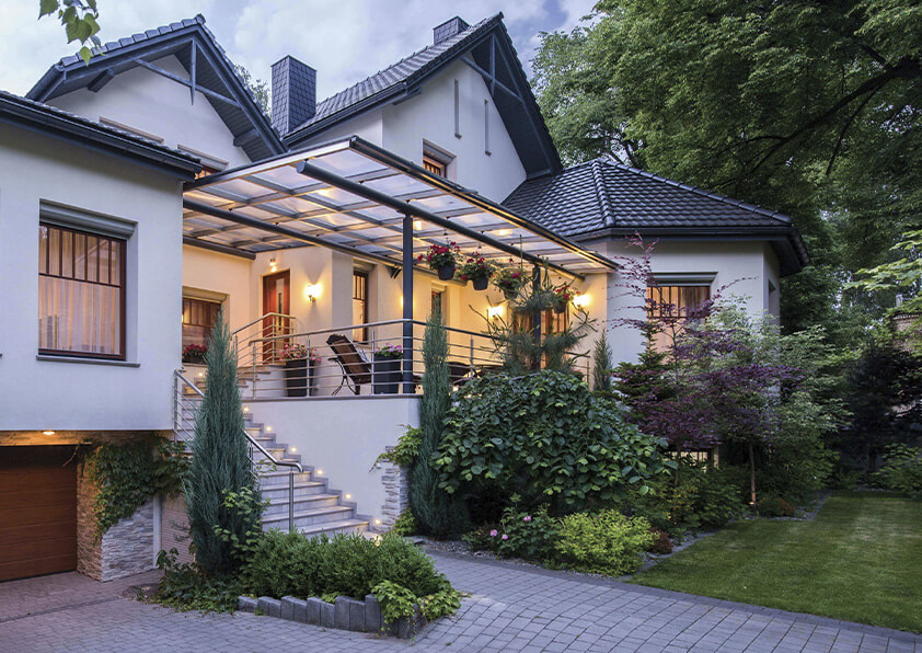 The front of a house with a garden